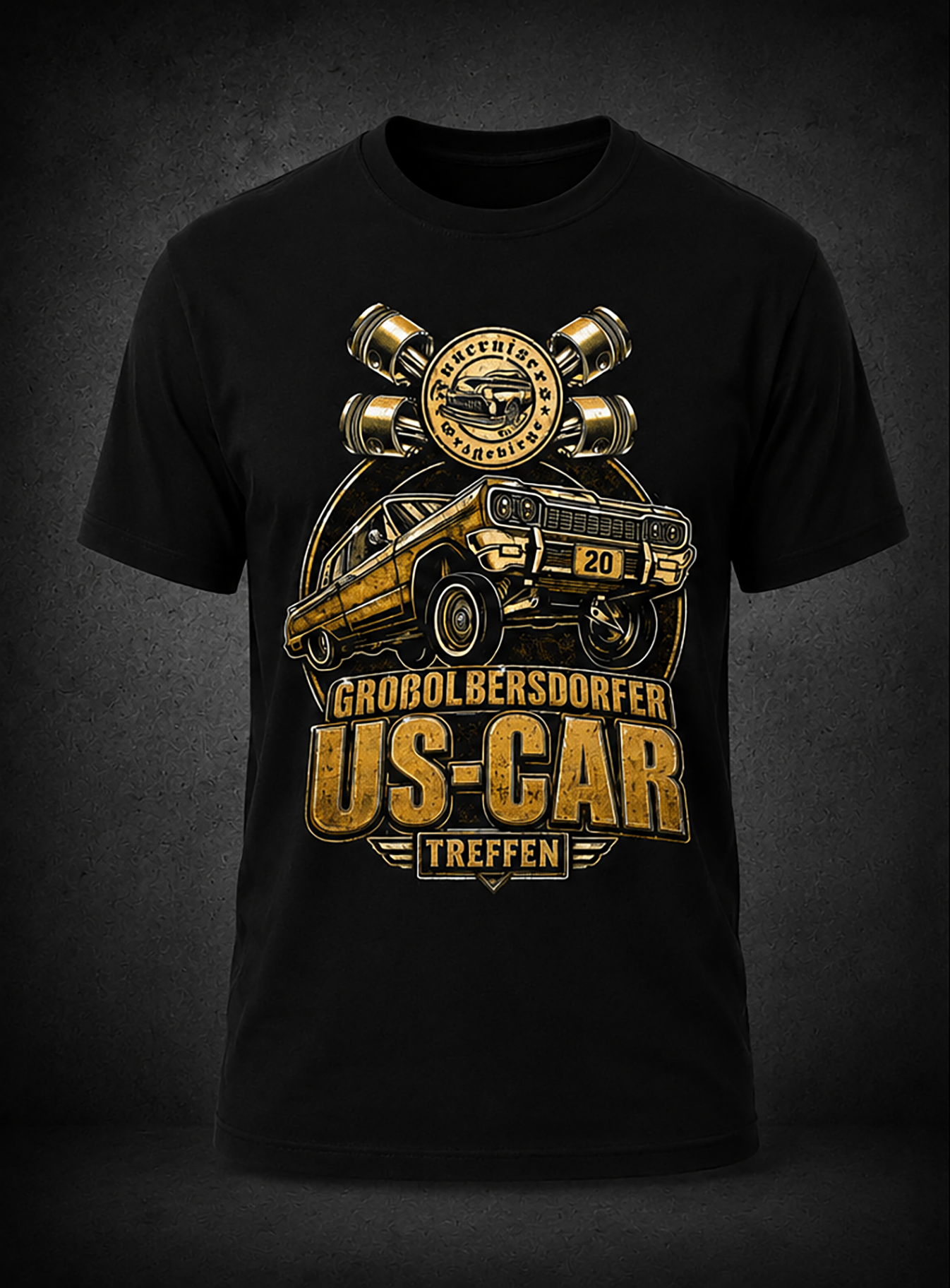 Schwarzes Limited Shirt zum Großolbersdorfer US Car Treffen mit goldenem US-Car-Frontprint