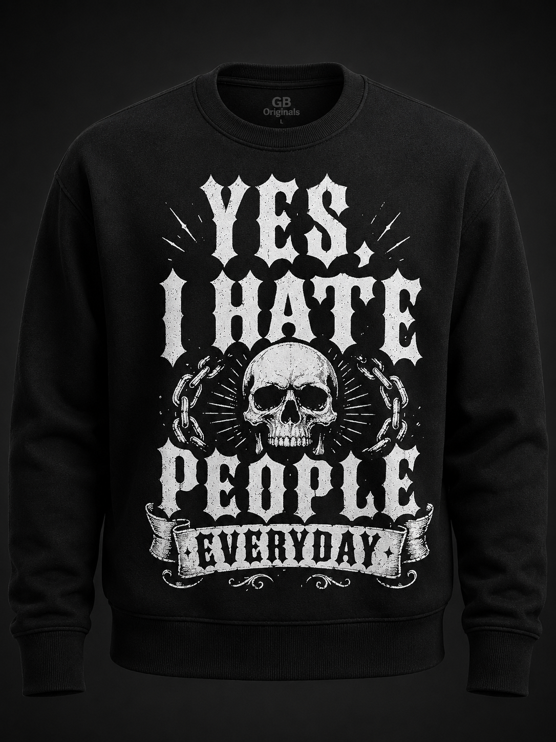 GB Originals Premium Crewneck YIHP White in Schwarz mit großem weißem Skull- und Gothic-Frontprint